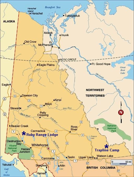 Map of the Yukon showing the location of Ruby Range Lodge